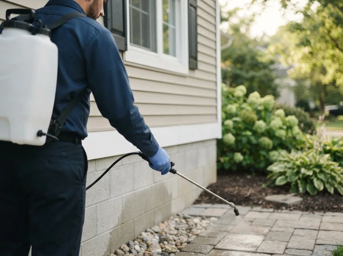 Pest control technician inspecting a home in Grayling, MI